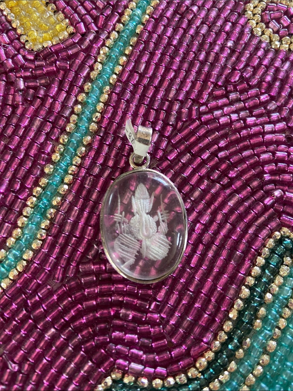 Hindu God Ganesha Glass Sterling Silver Pendant Brand New